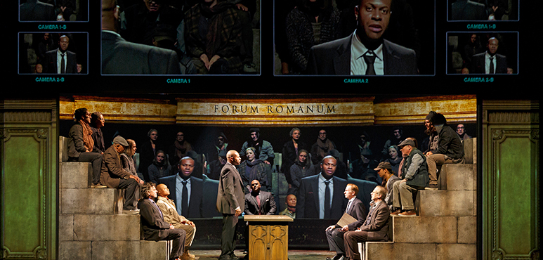 The trial scene from Robert LePage's "Coriolanus" at the Stratford Festival
